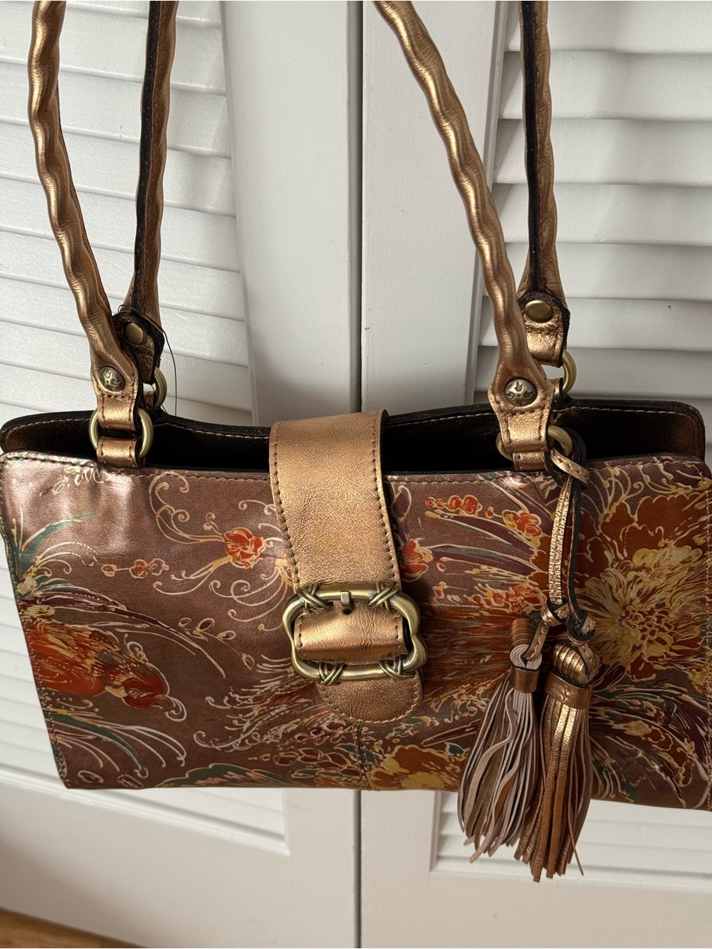 Patricia Nash Leather Metallic Bronze Floral Shoulder Bag with Tassels NWT